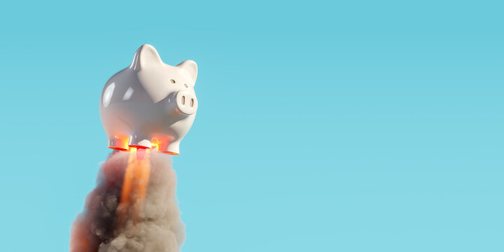 Piggy bank rocket launcher with smoke trail on blue background. Savings growth concept. 3D Rendering, 3D Illustration