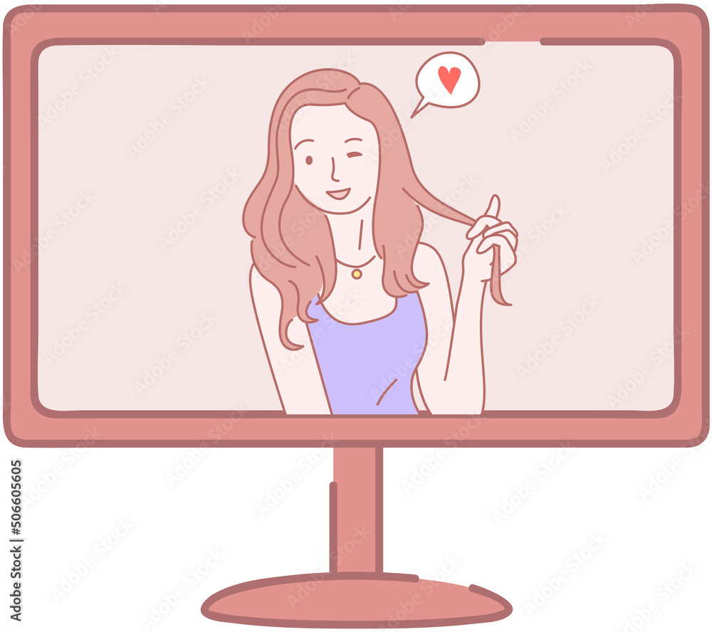 Poster remote comunication app on monitor. distance relationship, internet video call chat with girlfriend.