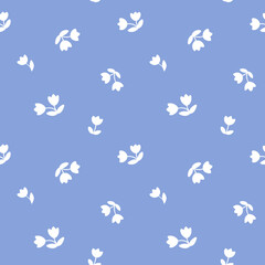 Ditsy daisy floral seamless pattern. Small flowers on light blue background repeat print. White flowers design on pastel blue background for wallpaper, wrapping, fabric, textile, decoration.