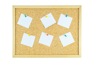 Cork pinboard with five pinned scattered paper isolated on white background, copy space, paper area for text on timber pinboard, advertising banner, message text concept