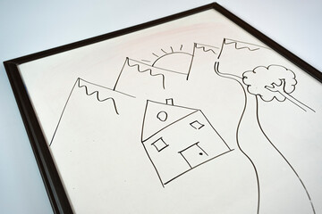 Hand drew house and river with black color marker on whiteboard, childhood idea, drawing pictures, kids concept, sitting view - Powered by Adobe