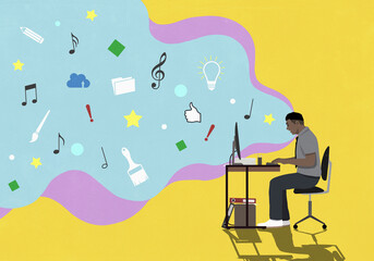 Social media icons floating from man using computer
