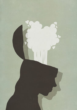 Exploding brain of silhouetted profile
