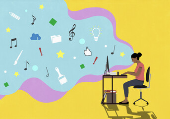 Social media icons floating from woman using computer
