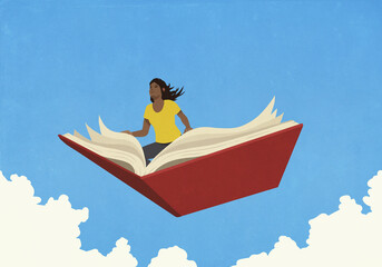 Curious woman flying in sky on open book
