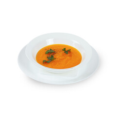 Fresh soup in white bowl on plate isolated in white background