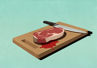 Raw, bloody steak on cutting board with knife
