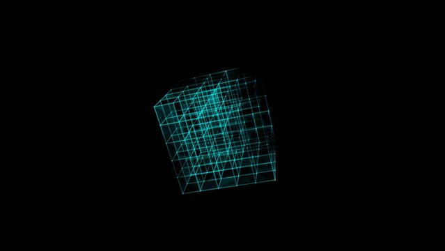 Graphic neon animated symbol of squares, diamonds, point. Maze icon. Design randomly rotating Rubik's Cube. Blue glow. Alpha channel. Cosmic body. Technology, medicine, business. QuickTime