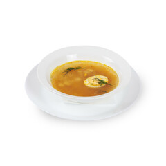 Fresh soup in white bowl on plate isolated in white background