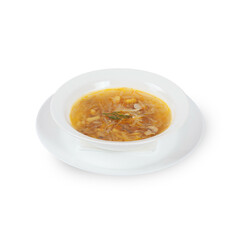 Fresh soup in white bowl on plate isolated in white background