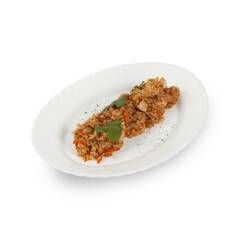 Buckwheat with meat on a white plate isolated