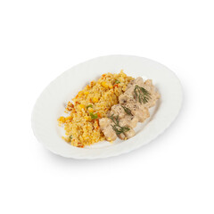 Pilaf rice with chicken on a white plate isolated