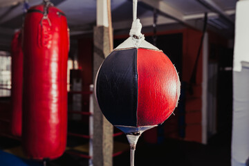 Punching and speed bags in boxing gym hanging, red and black, no people - Powered by Adobe