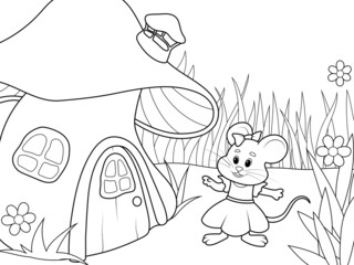 Cartoon mouse in a dress is dancing next to a mushroom shaped house. Page outline of cartoon.