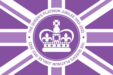 The Queen's Platinum Jubilee celebration sign crown in circle with union jack flag in purple color. Vector flat illustration. Design for greeting  card, banner, flyer - obrazy, fototapety, plakaty