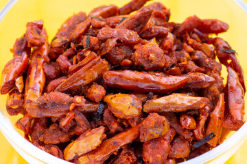 Fried Chili, Spicy snack on white background.