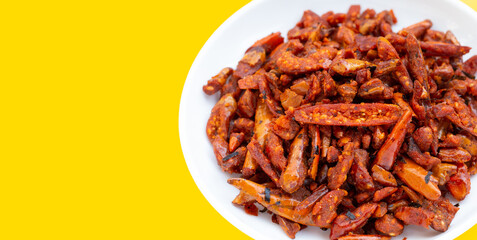 Fried Chili, Spicy snack on white background.
