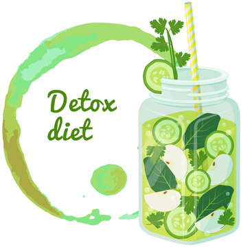 Detox diet lettering in abstract round frame and jar with drink, smoothie. Colorful abstract sign with inscription and diet fruit cocktail. Proper nutrition, healthy lifestyle, detox concept