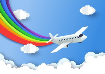 Airplane in sky drawing rainbow over cloud vector