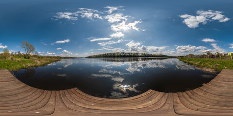 full seamless spherical hdri 360 panorama view on wooden pier of lake or river in sunny day with...