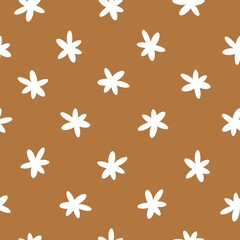 Simple vintage pattern. white flowers . terracotta background. Fashionable print for textiles, wallpaper and packaging.