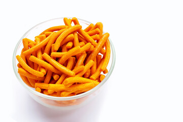 Salt breadsticks on white background.