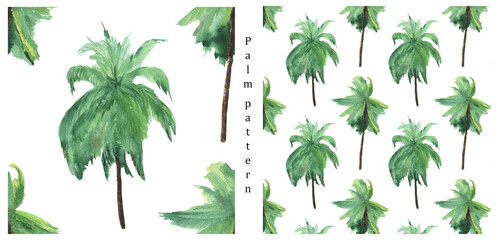Watercolor tropical seamless pattern, palm trees - obrazy, fototapety, plakaty