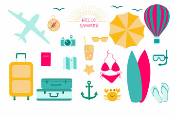 Beach set, accessories for sea holidays. Bright colorful vector illustration isolated on white background