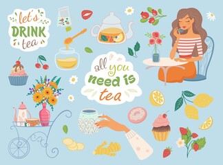 Hand drawn teapot and cup collection. Doodle tea cups, coffee cups and teapots with girl isolated on blue background. Vector illustration on tea time icons for cafe and restaurant menu design