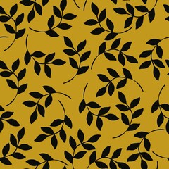 Simple vintage pattern. the black leaves of the plant . golden background. Fashionable print for textiles, wallpaper and packaging.