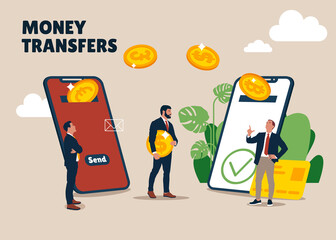 People send and receive money via an online connection. Mobile payments and money transfers.The concept of mobile banking and online payments. Flat vector illustration