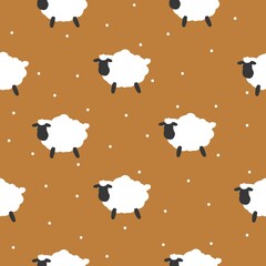Simple sheep pattern. cute white sheep and dots . terracotta background. Fashionable print for children's textiles, wallpaper and packaging.