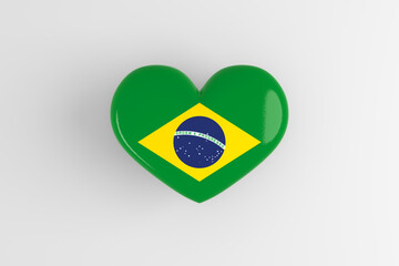 Brazilian souvenir - a badge in the shape of a heart with the flag of Brazil as a symbol of patriotism and pride in their country. State symbol of Brazil on a glossy icon. 3D rendering