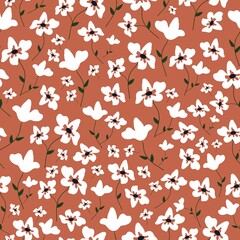 Simple vintage pattern. white flowers . terracotta background. Fashionable print for textiles, wallpaper and packaging.
