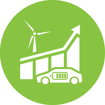 Green Energy Illustration. Electric Car, Wind Generator And Growth Graph. Electric Transport And Renewable Energy. Increase In The Fleet Of Electric Vehicles