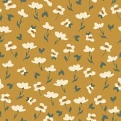 Simple vintage pattern. white flowers, green leaves. mustard background. Fashionable print for textiles, wallpaper and packaging.