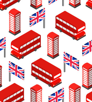 London pattern seamless. United Kingdom background. Landmark of London set icon. Red doubledecker and phone booth. UK flag and Big Ben tower