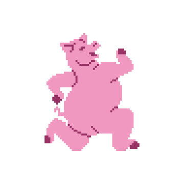 Running pig pixel art. 8 bit swine run. pixelated Vector illustration