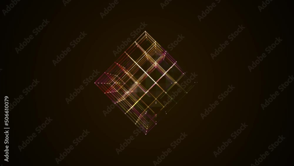 Poster graphic neon animated symbol of squares, rhomb. maze icon. design randomly rotating rubik's cube. ra