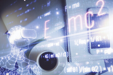 Double exposure of formula drawing over table with phone. Top view. Education concept.