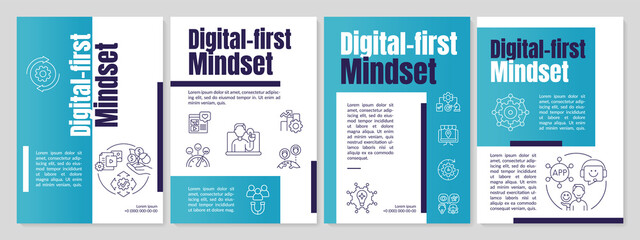 Digital first mindset blue brochure template. Business strategy. Leaflet design with linear icons. 4 vector layouts for presentation, annual reports. Anton, Lato-Regular fonts used