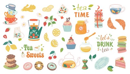 Hand drawn teapot and cup collection isolated on white background. Vector illustration tea accessories and sweets for tea ceremony for cafe and restaurant.
