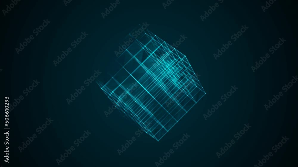 Poster graphic neon animated symbol of squares, rhomb. maze icon. design randomly rotating rubik's cube. bl