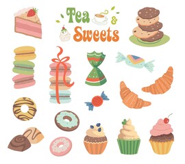 A set of sweets. Sweet pastries, cake, sweets, desserts. A collection of delicious, high-calorie food. Illustration in a cartoon flat style. Isolated on a white background