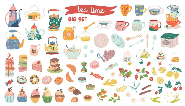 Big set of Hand drawn teapot and cup collection isolated on white background. Vector illustration tea accessories and sweets for tea ceremony for cafe and restaurant.
