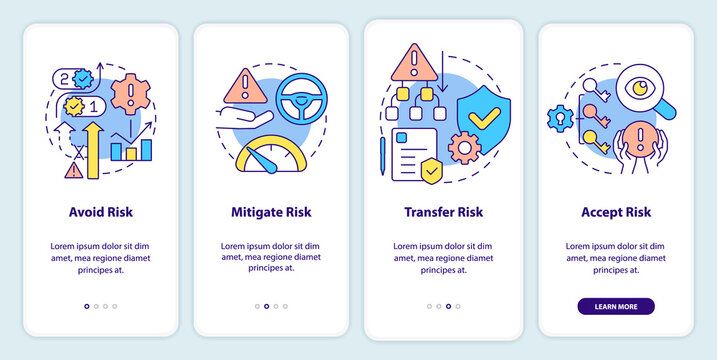 Risk management steps onboarding mobile app screen. Solving problems walkthrough 4 steps graphic instructions pages with linear concepts. UI, UX, GUI template. Myriad Pro-Bold, Regular fonts used