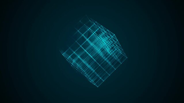 Graphic neon animated symbol of squares, rhomb. Maze icon. Design randomly rotating Rubik's Cube. Blue glow. Movement energy. Cosmic body. Background logo, technology, science, business. 4k.