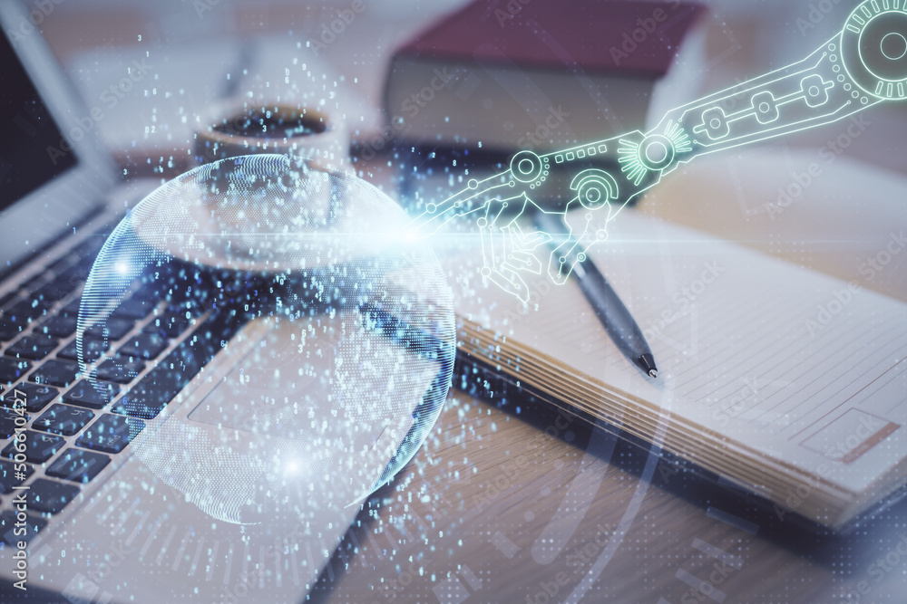 Aufkleber Double exposure of technology theme drawing and desktop with coffee and items on table background. Concept of data research.