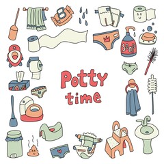 Potty training colorful doodle set. Vector clip art.