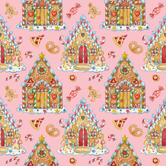 Watercolor seamless pattern with gingerbread houses on pink background